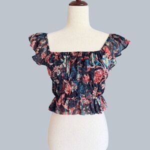 Express Womens XS Floral Smocked Crop Top Navy Blue Ruffle Boho cottage Romantic